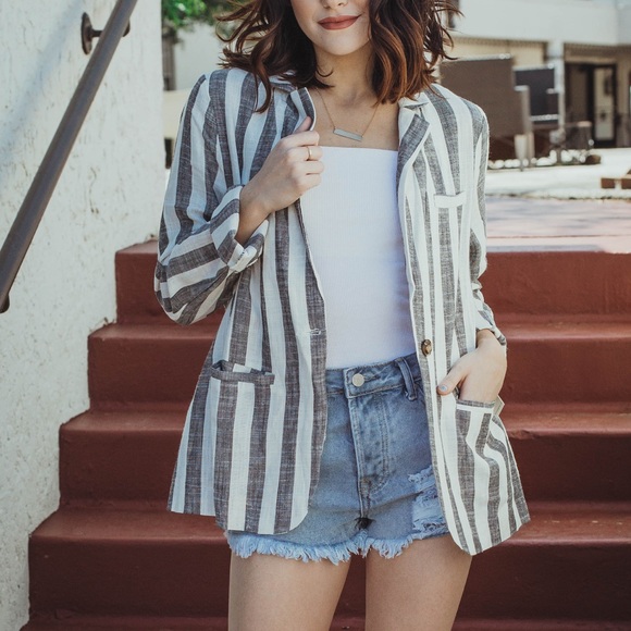 Walk The Line Linen Blazer - Blue - Picture 2 of 7